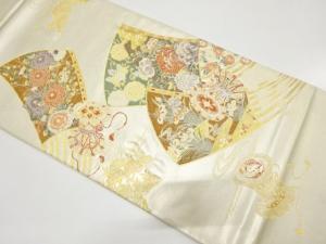 扇に鼓・草花模様織り出し　袋帯